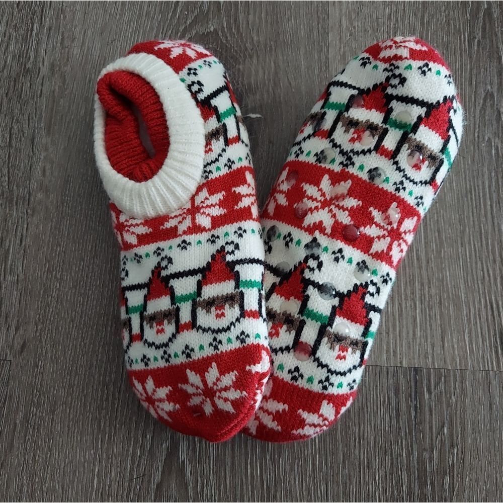 FUZZY BABBA CHRISTMAS PRINT DOUBLE CUFFED GRIPPER SLIPPER SOCKS SIZE 5-7